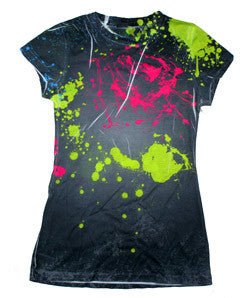 1455 tie dye Juniors' Sublimation-Dyed Poly Tee Red Lime Splatter 676