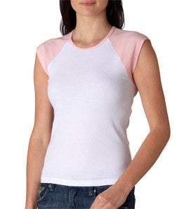 2020 Bella+Canvas Ladies' Baby Rib Cap-Sleeve Contrast Raglan Tee White/ Pink