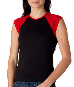 2020 Bella+Canvas Ladies' Baby Rib Cap-Sleeve Contrast Raglan Tee Black/ Red