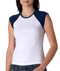2020 Bella+Canvas Ladies' Baby Rib Cap-Sleeve Contrast Raglan Tee White/ Navy