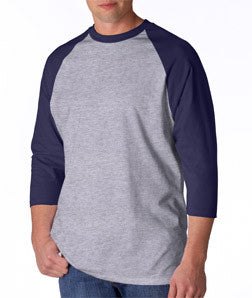 2184 Anvil Adult Cotton Baseball Tee Heather Grey/ Navy (90/10)