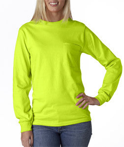 2410 Gildan Adult Ultra CottonLong-Sleeve T-Shirt with Pocket Safety Green (50/50)